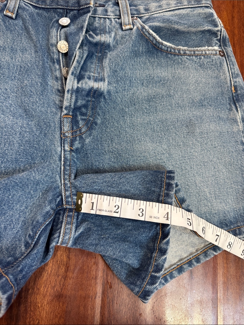 Agolde Parker Long Vintage Wash Blue High-Rise Button Denim Shorts Sz 27 - Picture 6 of 7